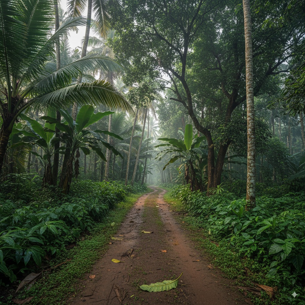 A winding, earthy path through a dense tropical spice plantation, with tall betel nut palms, banana trees, and various green foliage creating an immersive, vibrant ecosystem.