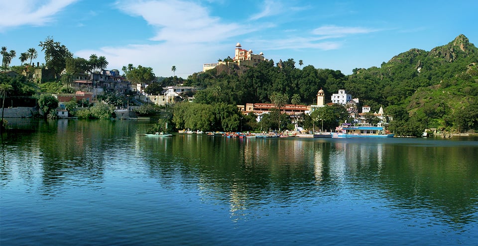 Boats on Nakki Lake at Mount Abu surrounded by hills