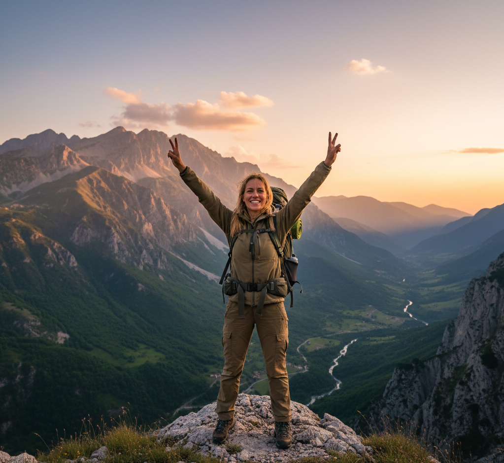 Solo female traveler exploring the Albanian Alps safely - adventure travel in Theth