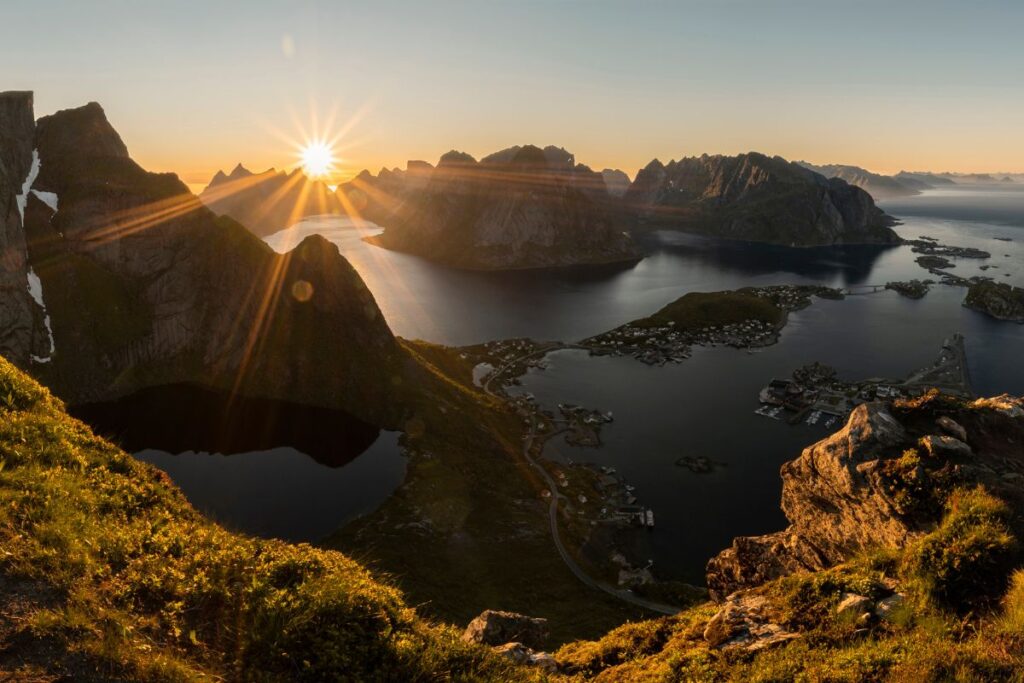 Summer midnight sun over the Lofoten Islands