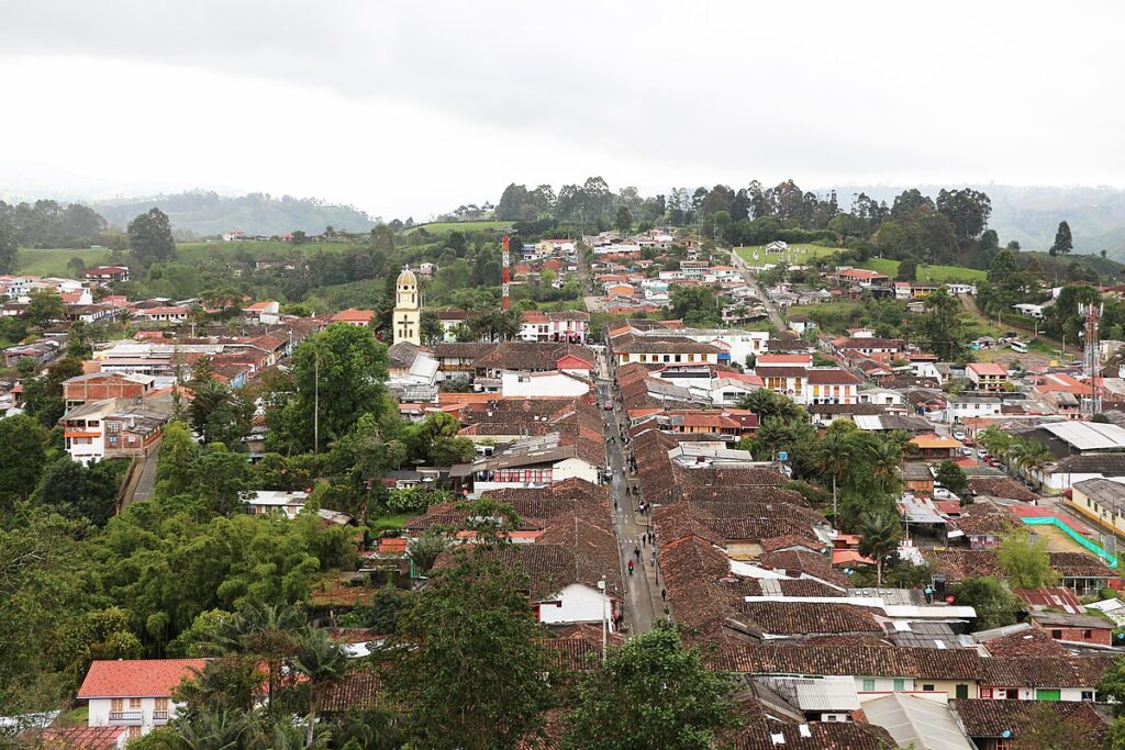 Viewpoint (Mirador) over Salento town and valley at dusk, Colombia