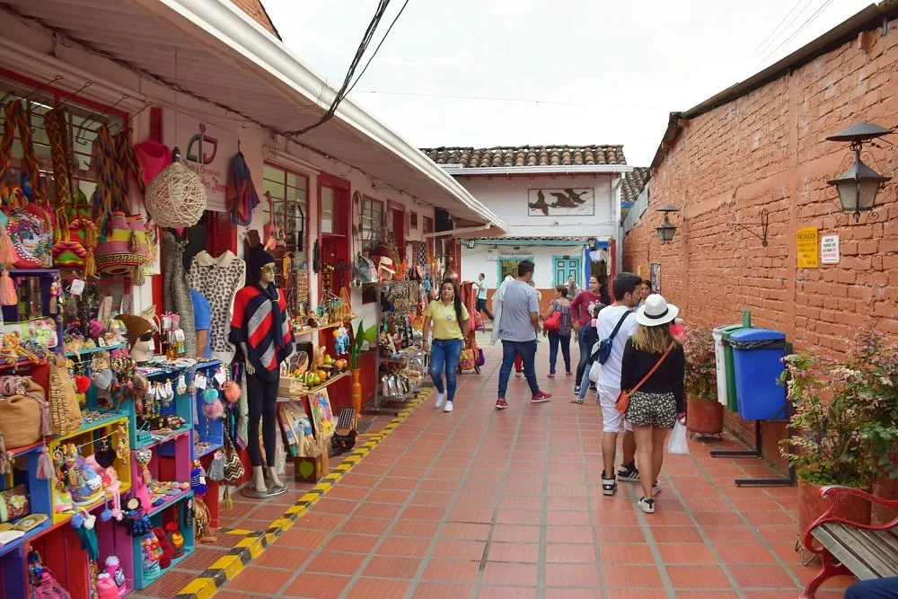 Colorful souvenir and artisan market stall in Salento, Colombia