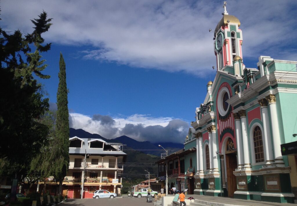 Colonial church in the central square of Vilcabamba Ecuador