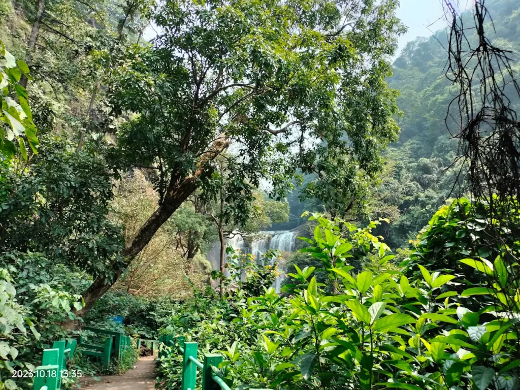 Trekking trail and hikers approaching Sathodi Falls over rocks and forest paths