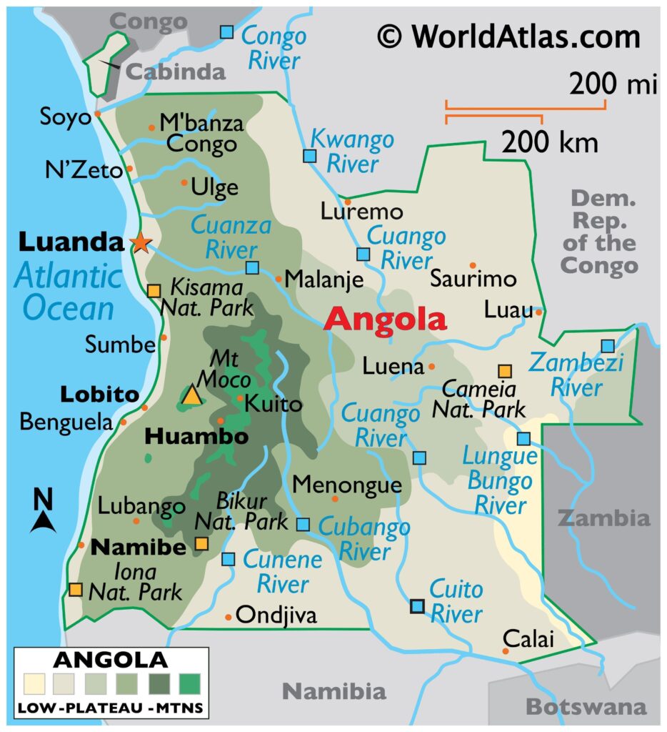 A map / outline of Angola — useful as context for travelers and to highlight regions.
