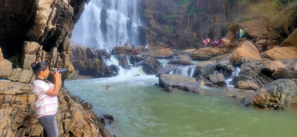 The base of Sathodi Falls features a natural pool 