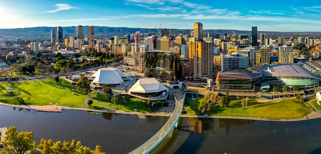 The skyline of Adelaide and the River Torrens in December