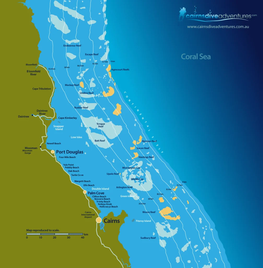 Great Barrier Reef access map showing Cairns Port Douglas gateways to outer reef sites
