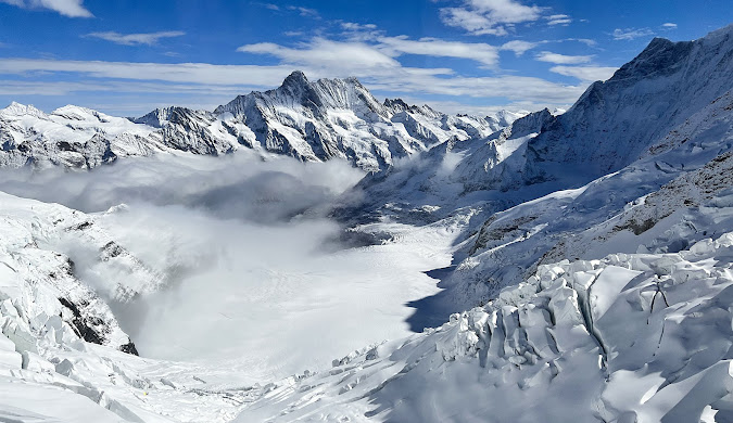 Jungfraujoch is the highest railway station in Europe. The views of the Aletsch Glacier from the Sphinx Observatory are genuinely breathtaking.